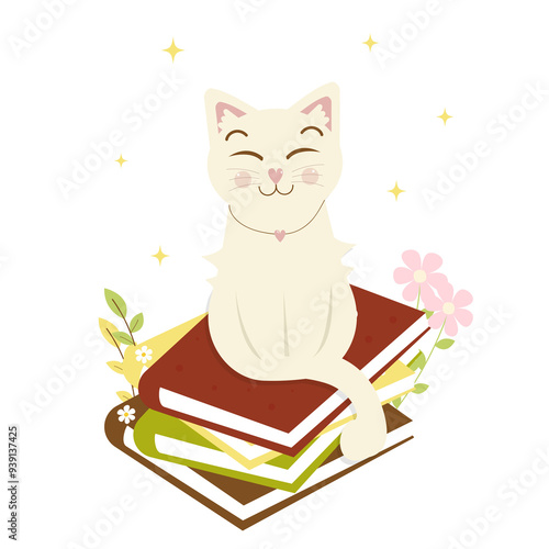 Flat vector illustration of books with flowers and cat 