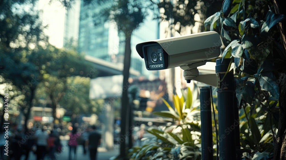 Advanced surveillance camera installed in a public space, discreetly monitoring the surroundings. Advanced surveillance camera installed in a public space, discreetly monitoring the surroundings.