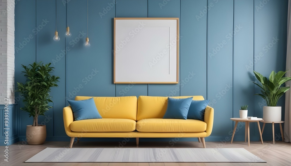 Interior mockup In a white room a blue sofa is placed next to a photo frame on the wall Interior mockup In a white room a blue sofa is placed next to a photo frame on the wall