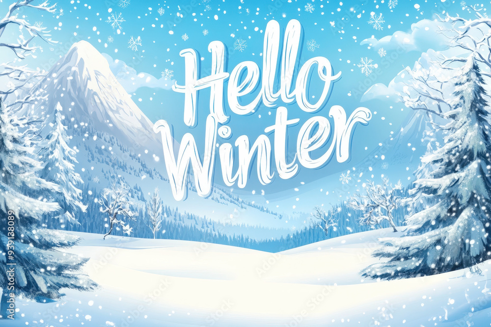 Illustration of a beautiful snow-covered mountain and forest landscape with falling snow and the words hello winter Illustration of a beautiful snow-covered mountain and forest landscape with falling snow and the words hello winter