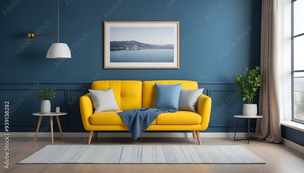 Interior mockup In a white room a blue sofa is placed next to a photo frame on the wall Interior mockup In a white room a blue sofa is placed next to a photo frame on the wall