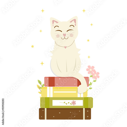 Flat vector illustration of books with flowers and cat
