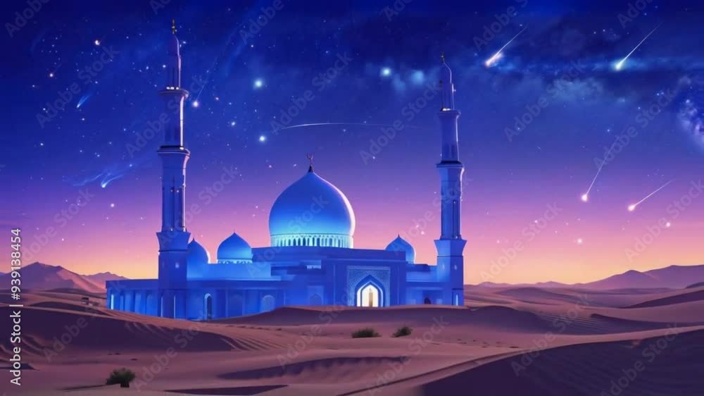 Desert Mosque Under Starry Sky: Seamless 4K Loop Animation with Shooting Stars Desert Mosque Under Starry Sky: Seamless 4K Loop Animation with Shooting Stars
