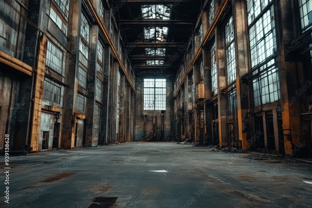 A vast, empty industrial warehouse featuring tall, rusted windows, worn floors, and deteriorating materials, exemplifying the desolation and decay of abandoned industrial spaces. A vast, empty industrial warehouse featuring tall, rusted windows, worn floors, and deteriorating materials, exemplifying the desolation and decay of abandoned industrial spaces.