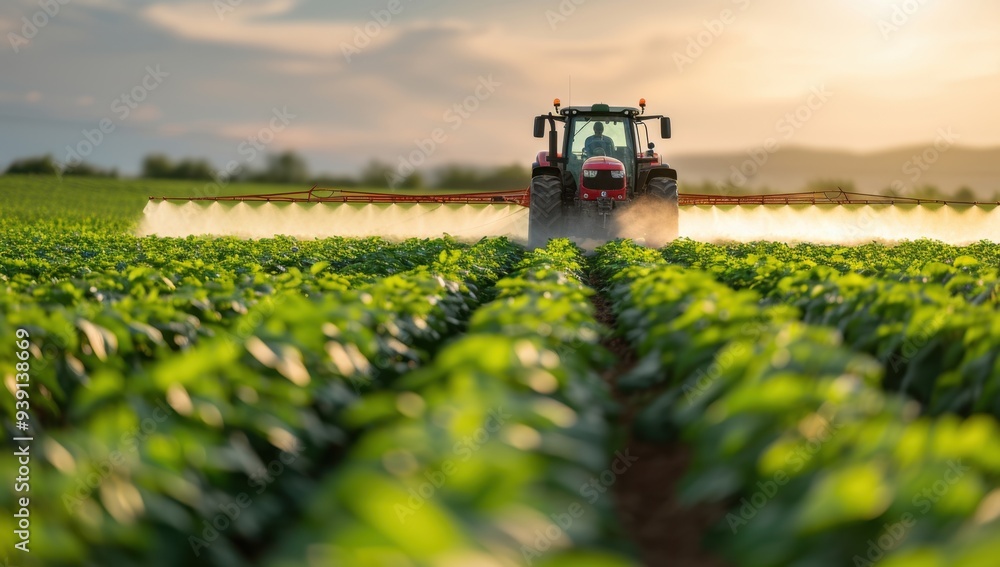 Tractor spraying crops on a sunny day, showcasing modern agriculture and sustainable farming practices Tractor spraying crops on a sunny day, showcasing modern agriculture and sustainable farming practices