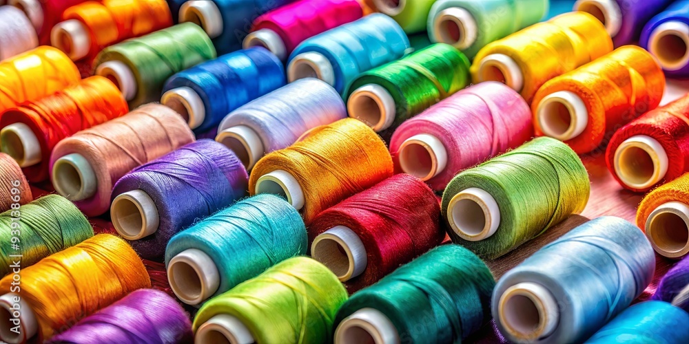 Close up of vibrant and colorful sewing thread spools for crafts and hobbies Close up of vibrant and colorful sewing thread spools for crafts and hobbies