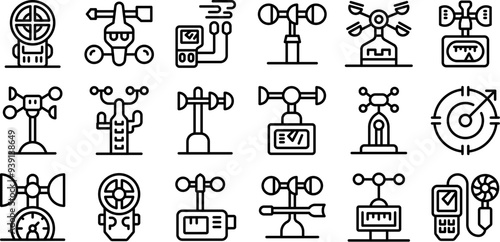 Anemometer icons set. Anemometer measuring wind speed and direction showing air velocity with icons showing weather vane, windsock, and airflow symbols