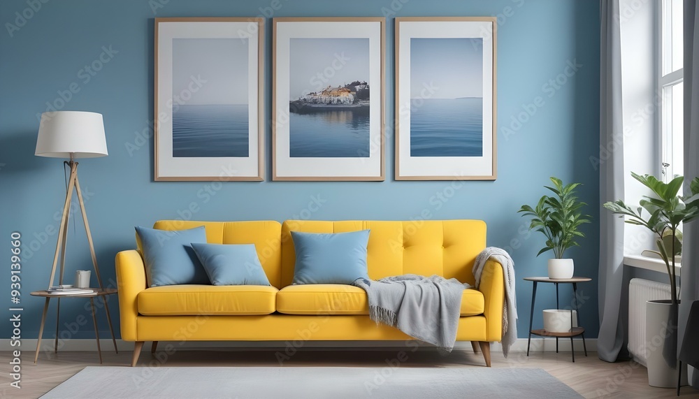 Interior mockup In a white room a blue sofa is placed next to a photo frame on the wall Interior mockup In a white room a blue sofa is placed next to a photo frame on the wall