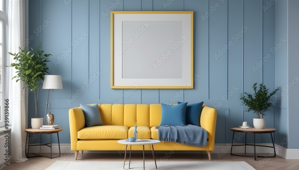 Interior mockup In a white room a blue sofa is placed next to a photo frame on the wall Interior mockup In a white room a blue sofa is placed next to a photo frame on the wall
