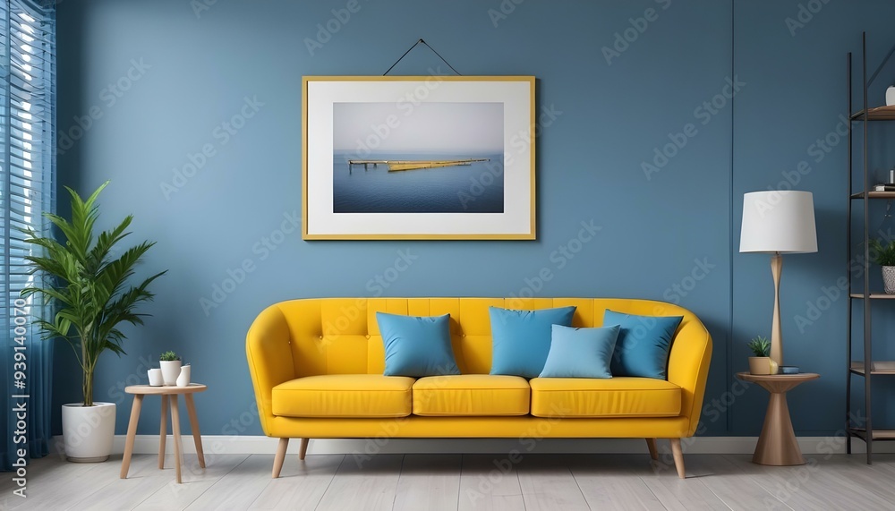 Interior mockup In a white room a blue sofa is placed next to a photo frame on the wall Interior mockup In a white room a blue sofa is placed next to a photo frame on the wall