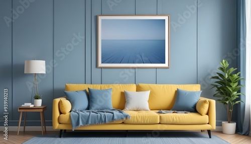 Interior mockup In a white room a blue sofa is placed next to a photo frame on the wall