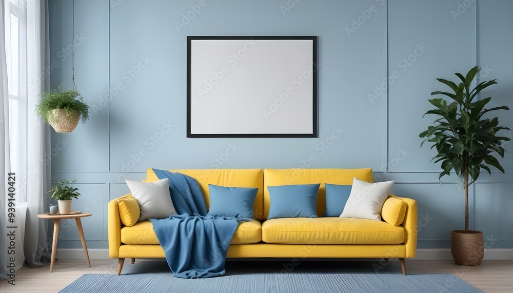 Interior mockup In a white room a blue sofa is placed next to a photo frame on the wall Interior mockup In a white room a blue sofa is placed next to a photo frame on the wall