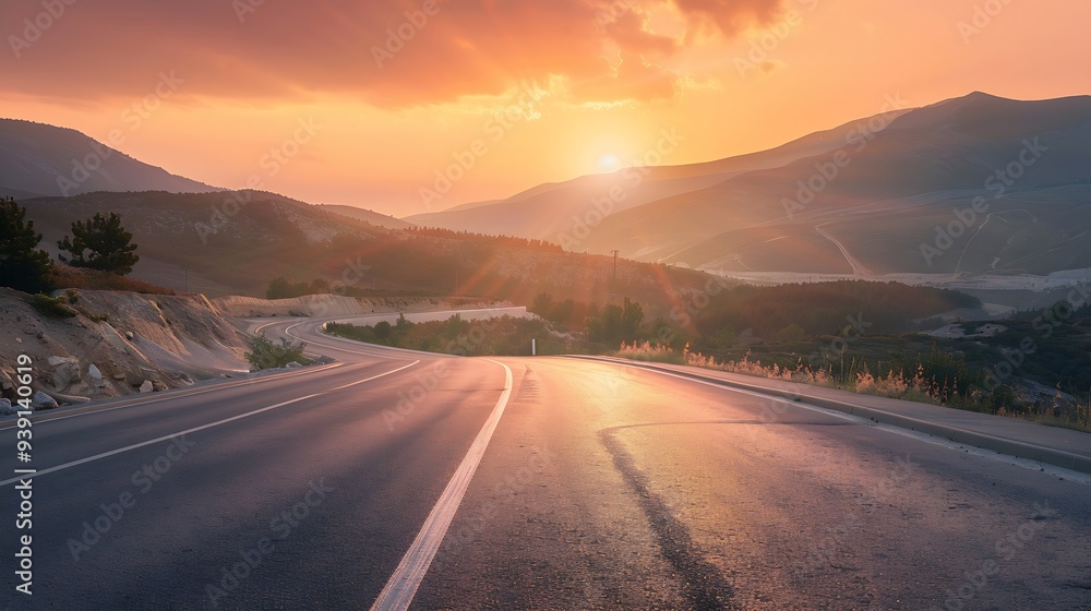 Fototapeta premium Asphalt highway road and mountain natural scenery at sunrise panoramic view : Generative AI