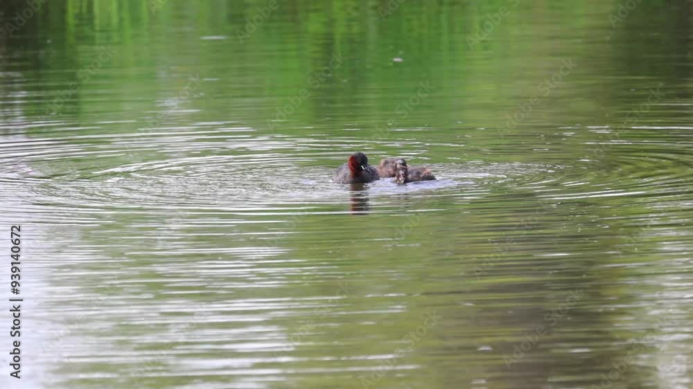 Little grebe with two young, little grebe feeds, female grebe gives young a fish and then takes it away again, little grebe has caught a fish Little grebe with two young, little grebe feeds, female grebe gives young a fish and then takes it away again, little grebe has caught a fish