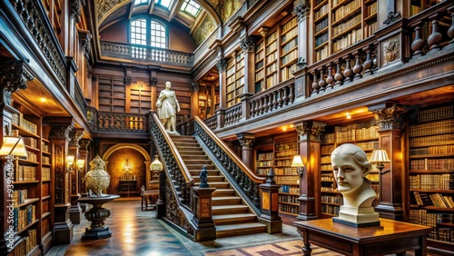 Historic library interior with ornate wooden shelves, marble busts, and grand staircase, surrounded by volumes of ancient books and manuscripts in a serene atmosphere. photo