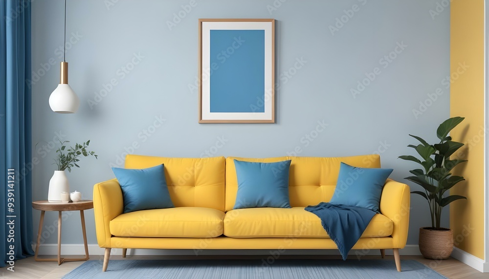 Interior mockup In a white room a blue sofa is placed next to a photo frame on the wall Interior mockup In a white room a blue sofa is placed next to a photo frame on the wall
