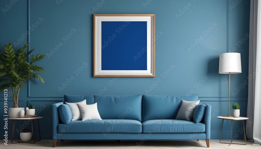 Interior mockup In a white room a blue sofa is placed next to a photo frame on the wall Interior mockup In a white room a blue sofa is placed next to a photo frame on the wall