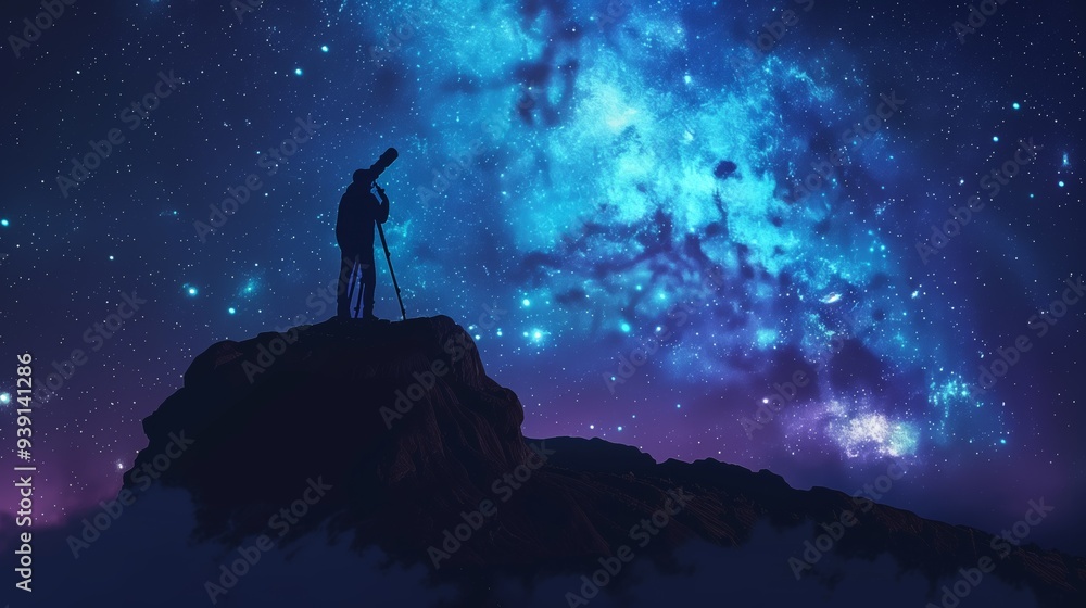 Fototapeta premium Astronomer Observing Stars Through Telescope Under Starry Sky