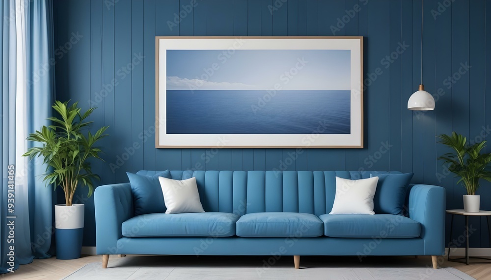 Interior mockup In a white room a blue sofa is placed next to a photo frame on the wall Interior mockup In a white room a blue sofa is placed next to a photo frame on the wall