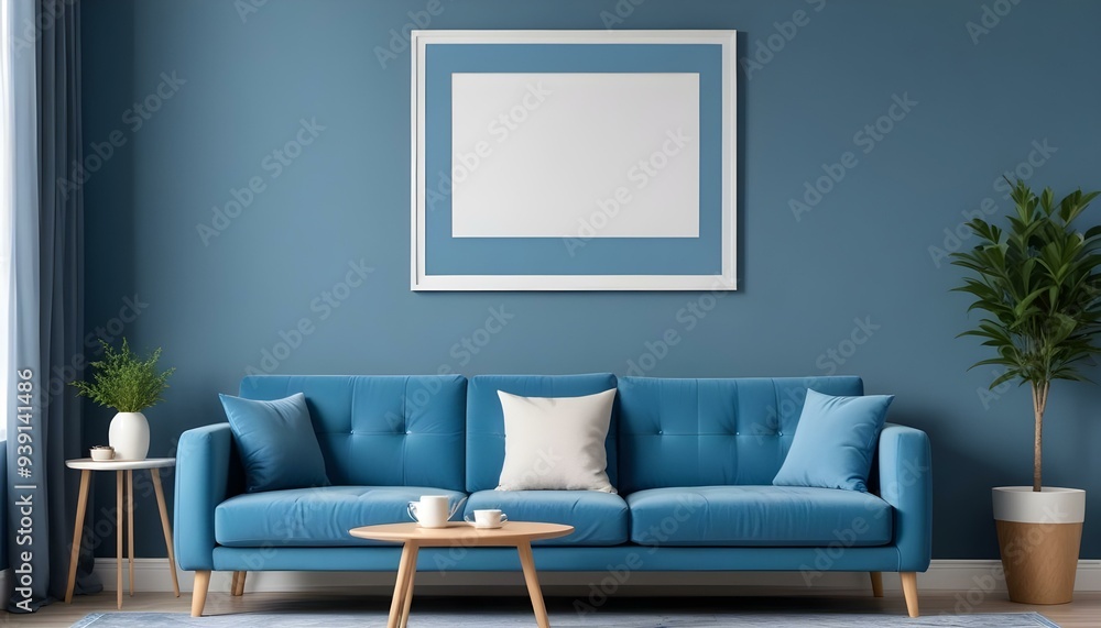Interior mockup In a white room a blue sofa is placed next to a photo frame on the wall Interior mockup In a white room a blue sofa is placed next to a photo frame on the wall