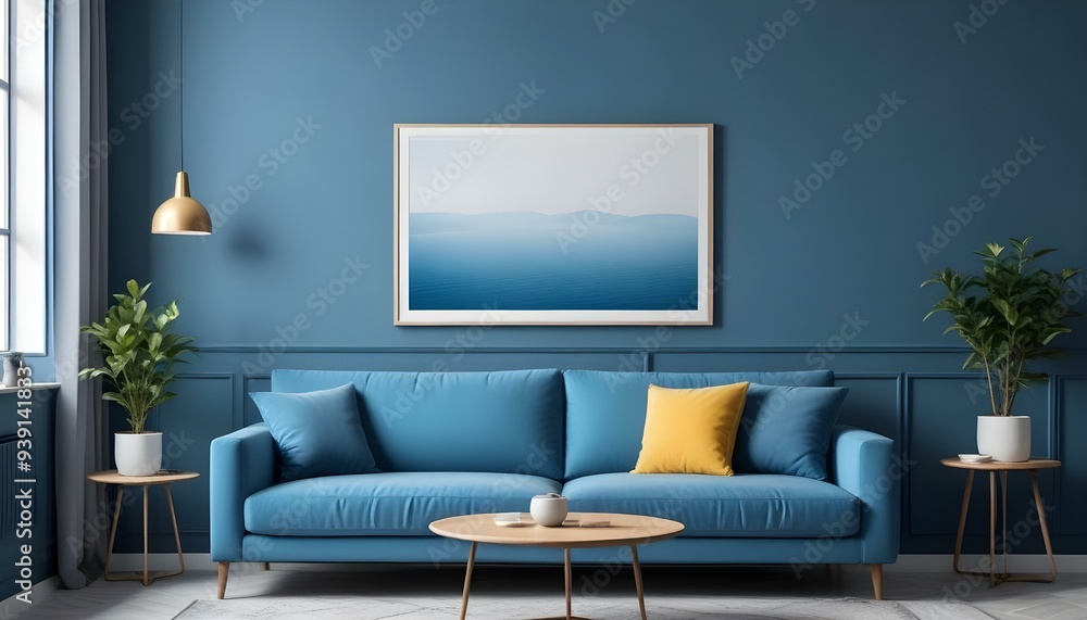 Interior mockup In a white room a blue sofa is placed next to a photo frame on the wall Interior mockup In a white room a blue sofa is placed next to a photo frame on the wall