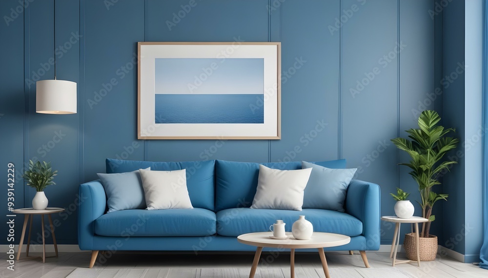 Interior mockup In a white room a blue sofa is placed next to a photo frame on the wall Interior mockup In a white room a blue sofa is placed next to a photo frame on the wall