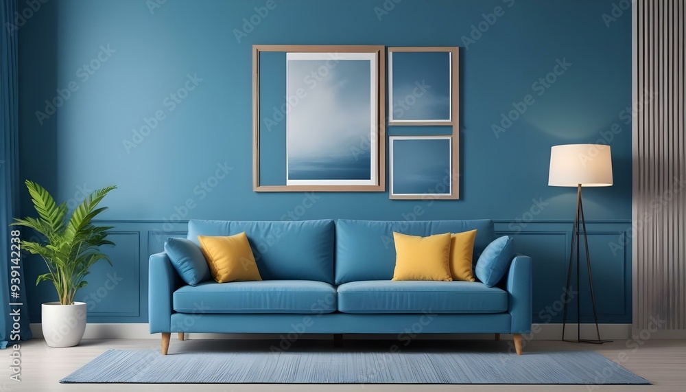 Interior mockup In a white room a blue sofa is placed next to a photo frame on the wall Interior mockup In a white room a blue sofa is placed next to a photo frame on the wall