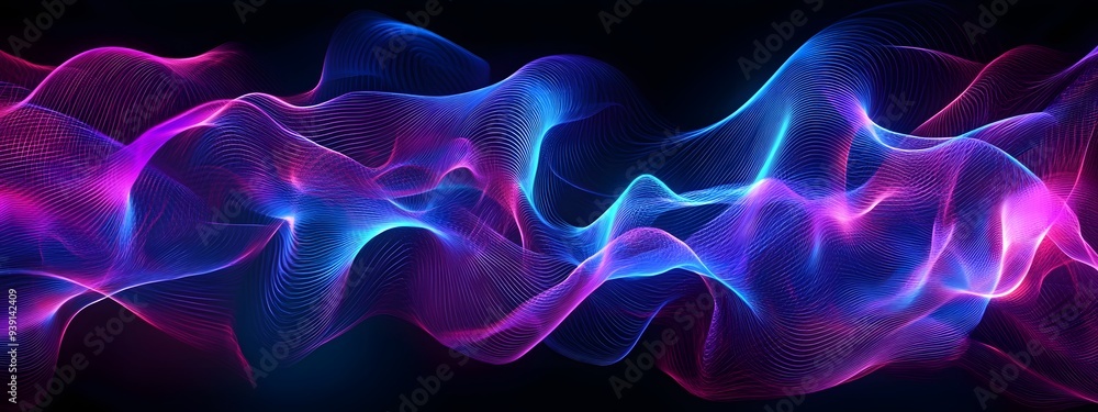 A digital art representation of sound waves in vibrant neon colors, with dynamic lines and curves representing the rhythm and energy of music on a black background A digital art representation of sound waves in vibrant neon colors, with dynamic lines and curves representing the rhythm and energy of music on a black background