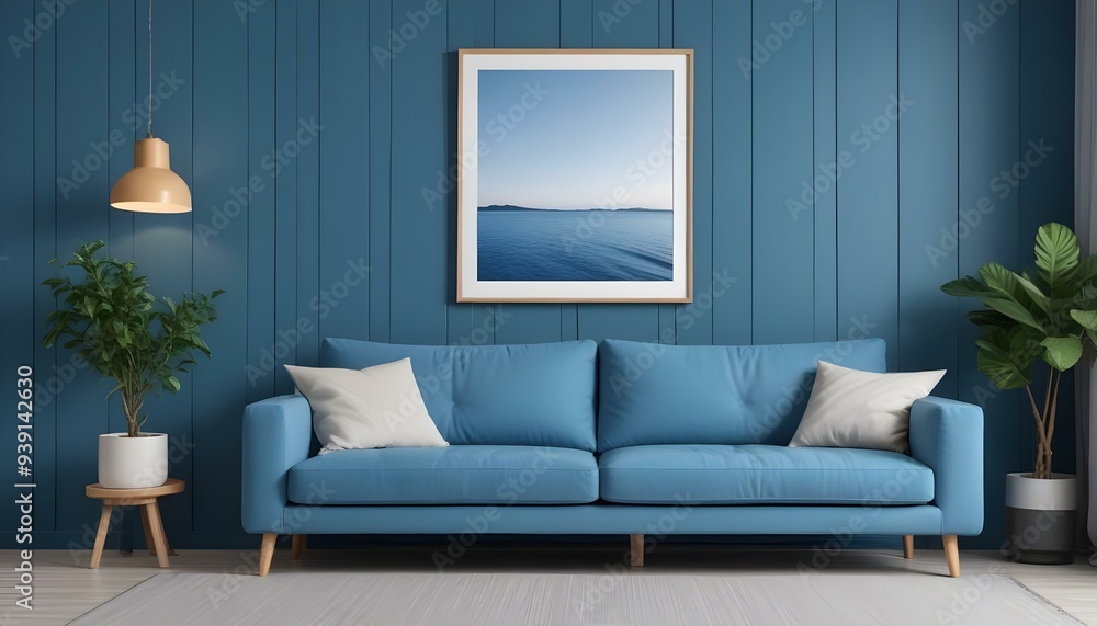 Interior mockup In a white room a blue sofa is placed next to a photo frame on the wall Interior mockup In a white room a blue sofa is placed next to a photo frame on the wall