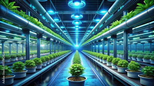 Illustration of a futuristic hydroponic farm with vibrant green plants and glowing blue lights, surrounded by sleek pipes and modern technology elements.