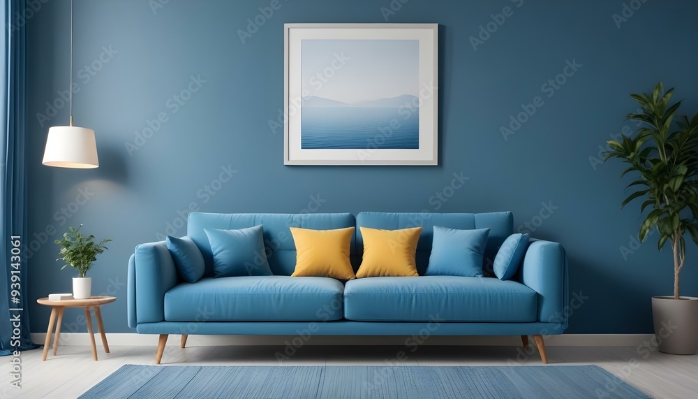 Interior mockup In a white room a blue sofa is placed next to a photo frame on the wall Interior mockup In a white room a blue sofa is placed next to a photo frame on the wall