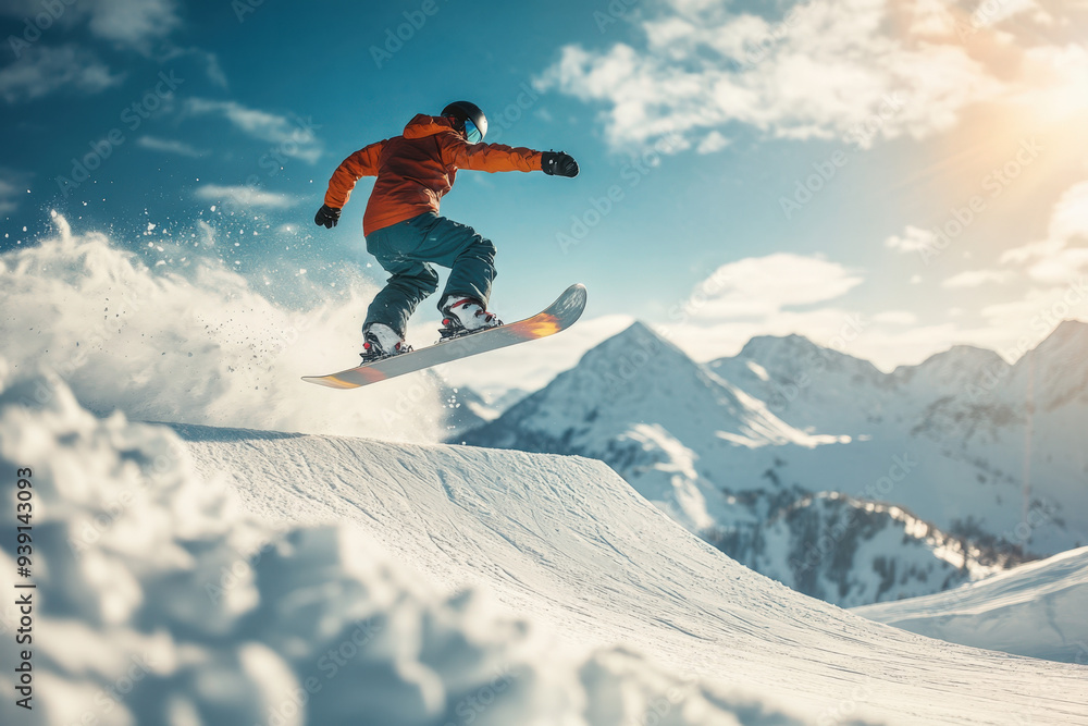 Snowboarder is performing a jump with a snowy mountain range in the background Snowboarder is performing a jump with a snowy mountain range in the background
