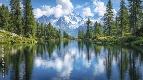 Beautiful Summertime View of Chamonix's Lac Blanc with Mont Blanc in the Distance: A Stunning Outdoor Scene in the Vallon de Berard Nature Reserve, Graian Alps, France. 