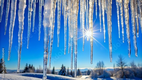 Beautiful clear icicles hanging against a bright blue sky in winter