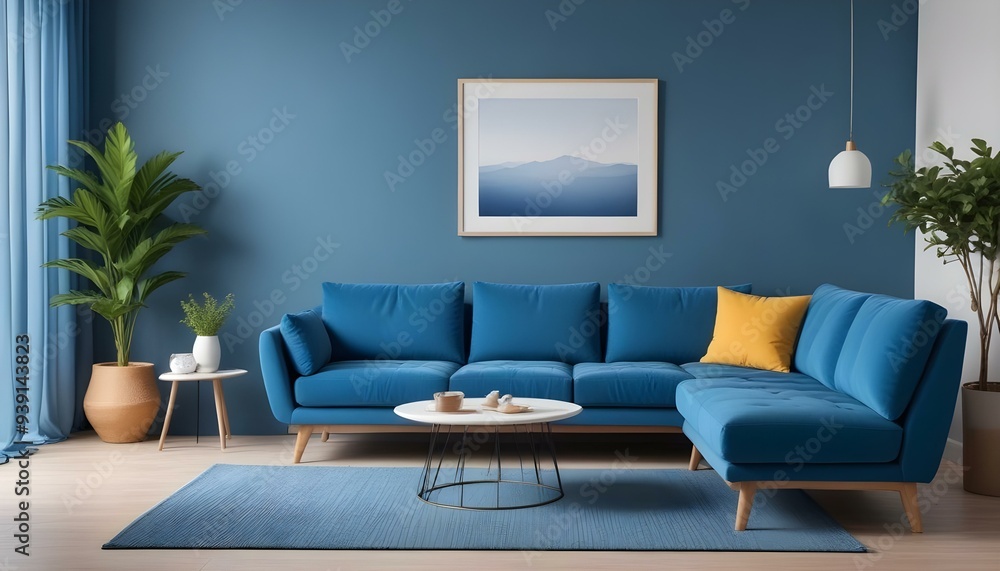 Interior mockup In a white room a blue sofa is placed next to a photo frame on the wall Interior mockup In a white room a blue sofa is placed next to a photo frame on the wall