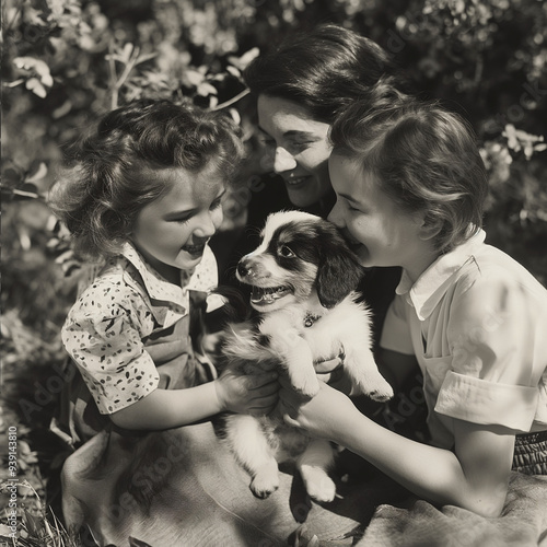 Vintage photograph of family members playing with a new puppy