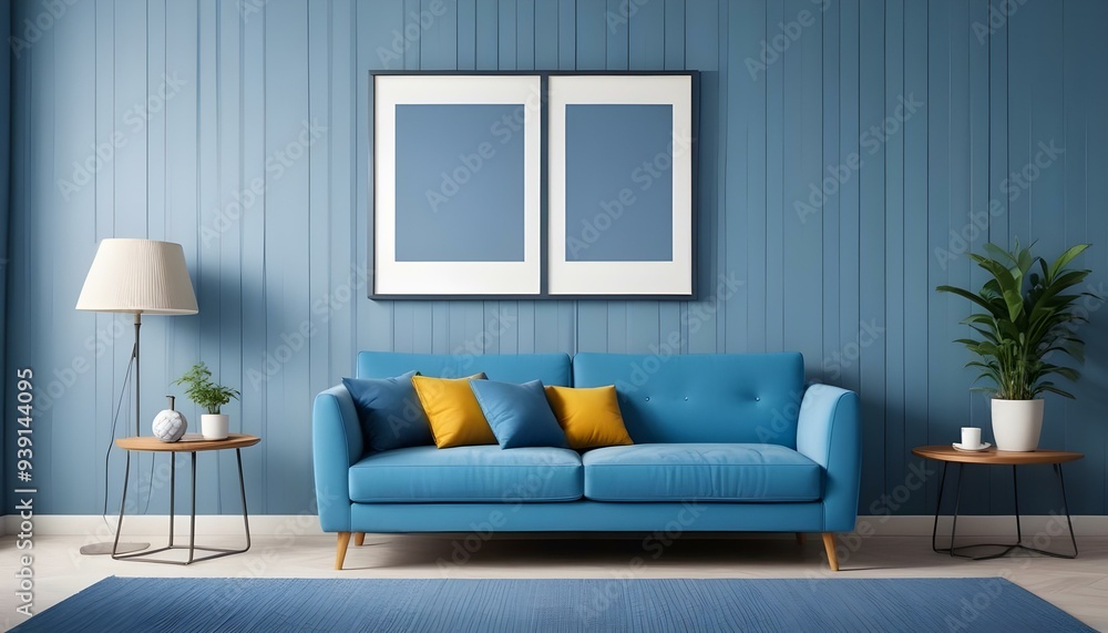Interior mockup In a white room a blue sofa is placed next to a photo frame on the wall Interior mockup In a white room a blue sofa is placed next to a photo frame on the wall