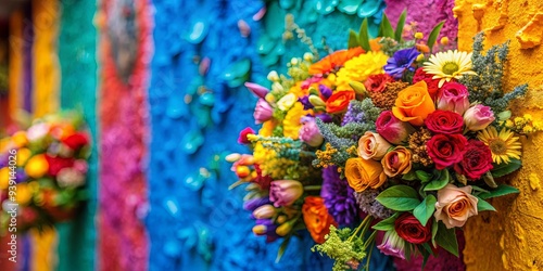 Vibrant macro shot of a colorful wall with a bouquet of flowers