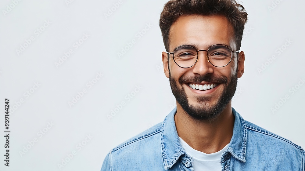 Waist up shot of handsome self confident cheerful male entrepreneur has broad smile wears round transparent glasses happy to meet with colleague dressed in fashionable denim shirt isol : Generative AI Waist up shot of handsome self confident cheerful male entrepreneur has broad smile wears round transparent glasses happy to meet with colleague dressed in fashionable denim shirt isol : Generative AI