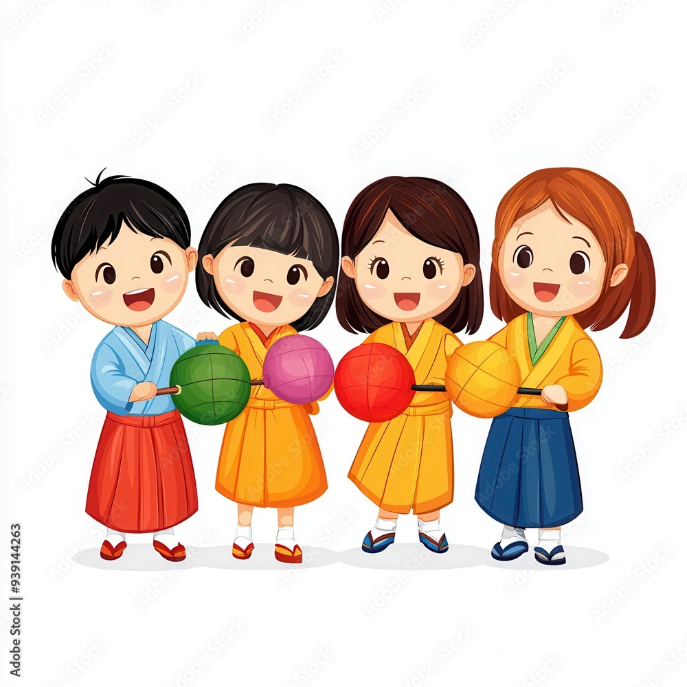 Four cheerful children in colorful outfits, holding balls, expressing joy and friendship in a playful setting. isolated on white background Four cheerful children in colorful outfits, holding balls, expressing joy and friendship in a playful setting. isolated on white background