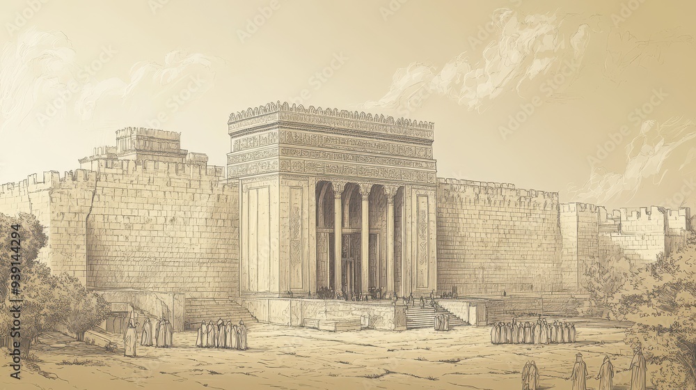 Fototapeta premium Biblical Illustration of Psalms 76: A Grand Temple in Jerusalem, Illuminated and Filled with Worshippers, Symbolizing God’s Greatness in Judah and His Renown in Israel
