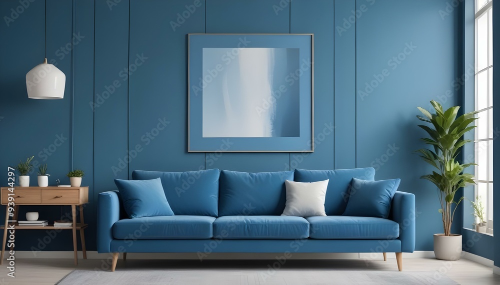 Interior mockup In a white room a blue sofa is placed next to a photo frame on the wall Interior mockup In a white room a blue sofa is placed next to a photo frame on the wall