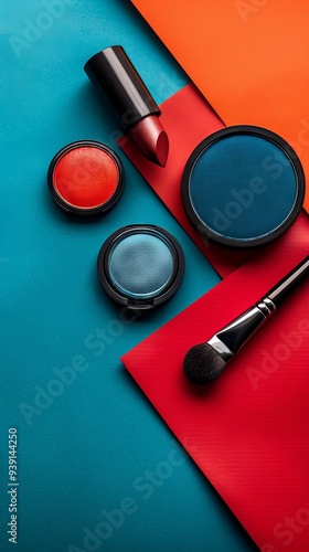 Professional makeup products on colorful backdrop captured from above with empty space for text