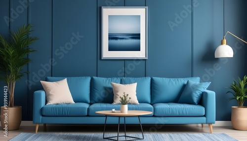 Interior mockup In a white room a blue sofa is placed next to a photo frame on the wall