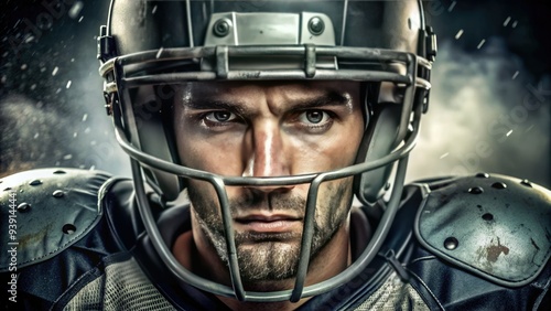 Intense athletic male footballer with determined expression, sweat-drenched face, and focused eyes, wearing a helmet and pads, ready for the big game.