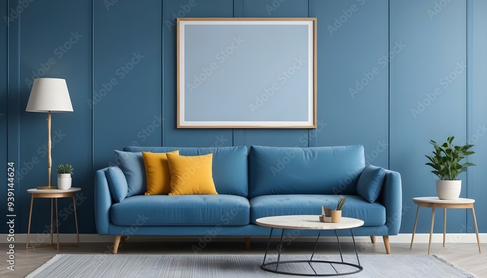 Interior mockup In a white room a blue sofa is placed next to a photo frame on the wall Interior mockup In a white room a blue sofa is placed next to a photo frame on the wall