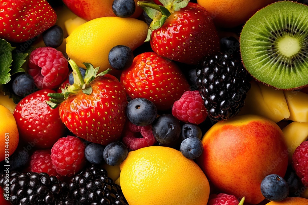 A vibrant assortment of fresh fruits including strawberries, lemons, and blueberries arranged beautifully for a colorful display. A vibrant assortment of fresh fruits including strawberries, lemons, and blueberries arranged beautifully for a colorful display.