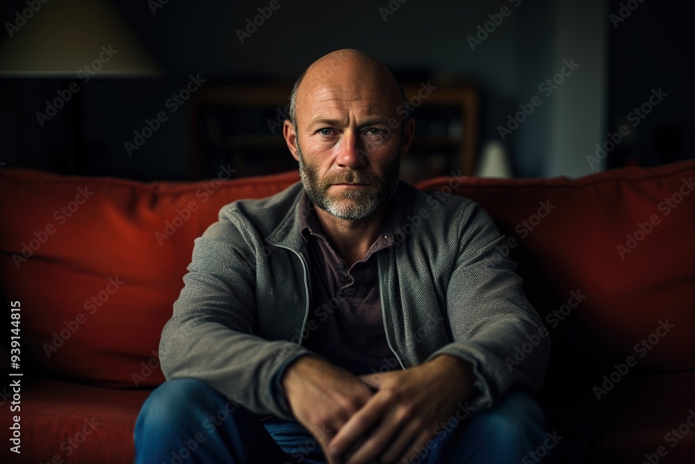 A man with a beard and bald head sits on a red couch A man with a beard and bald head sits on a red couch