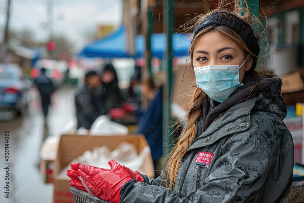 A masked volunteer wearing red gloves is working at a bustling outdoor community event, surrounded by other volunteers and people, on a rainy day. A masked volunteer wearing red gloves is working at a bustling outdoor community event, surrounded by other volunteers and people, on a rainy day.