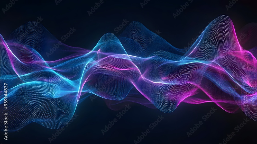 A digital art representation of sound waves in vibrant neon colors, with dynamic lines and curves representing the rhythm and energy of music on a black background A digital art representation of sound waves in vibrant neon colors, with dynamic lines and curves representing the rhythm and energy of music on a black background